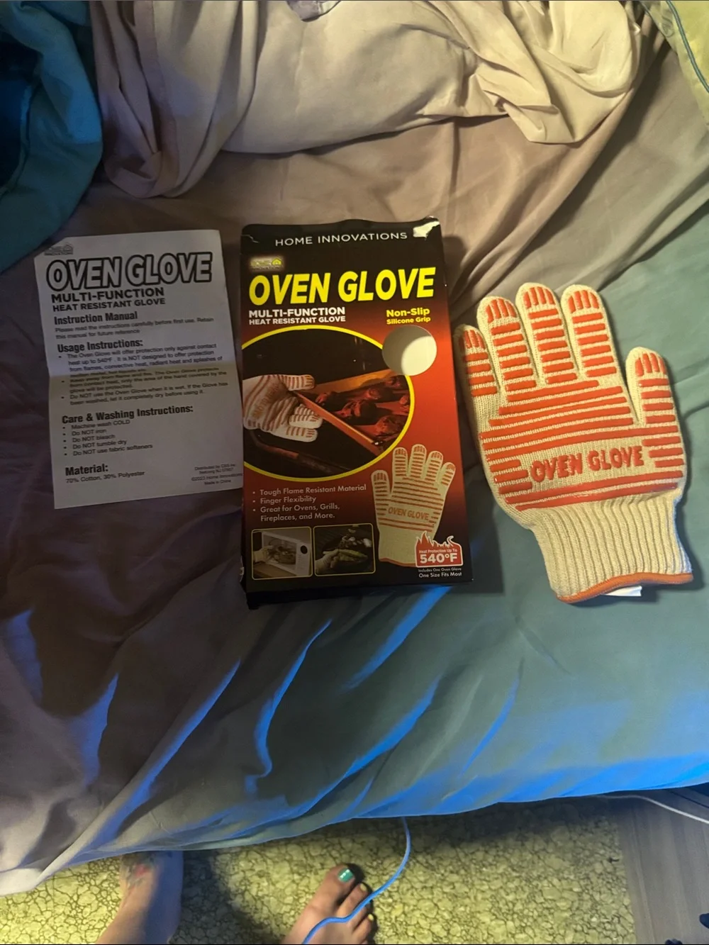 Beige and Orange Heat-Resistant Oven Glove with Non-Slip Grip
